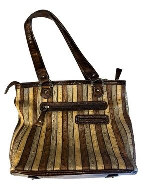 Vintage Marc Chantal Faux Ostrich Patchwork Stripe Tote Bag Brown Cream Shoulder